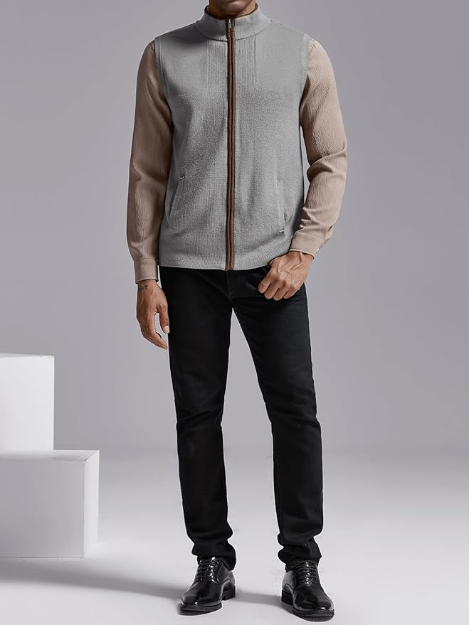 Ryannology Mens Sweater Vest Zip up Casual Sleeveless Cardigan Knitted Stand Collar Regular Fit Jacket with Pockets