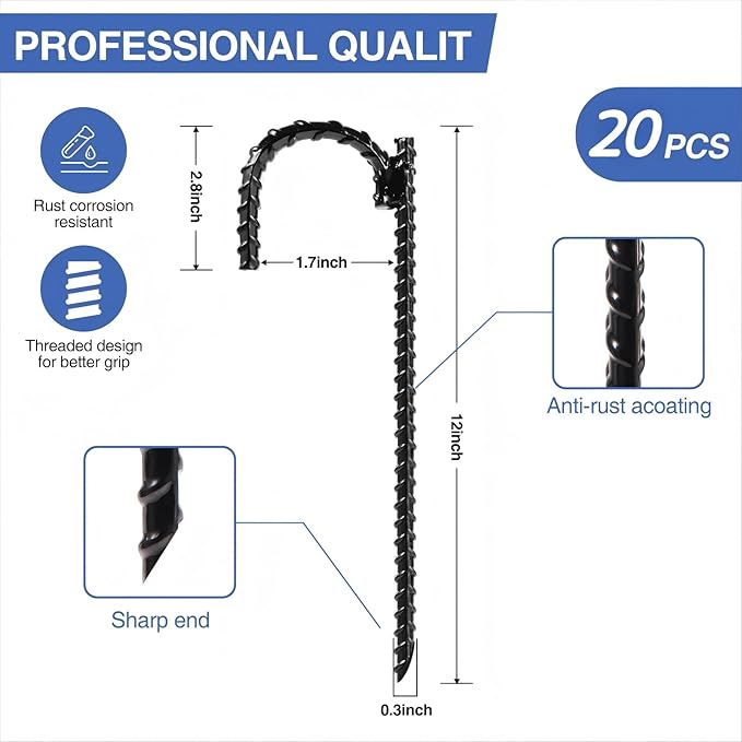 20pcs Threaded Steel bar Stakes/Ground Stakes/Outdoor Fence Ground Stakes.New J Hook Heavy-Duty rebar Metal Stakes ,Proof Coated Steel Ground Stakes with Chisel Point End. (20)