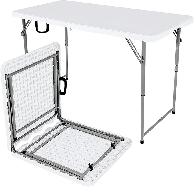48" W x 24" D x 29.5" H - 4FT Adjustable Height Heavy Duty Plastic Fold-in-Half Foldable Table,White Portable Folding Table with Carrying Handle for Camping & Party