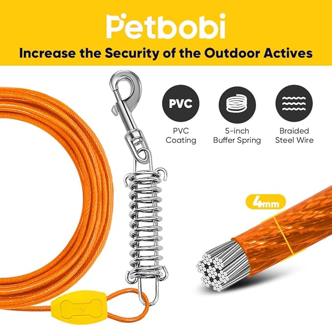 Petbobi Dog Tie-Out Cable and Stake - 20ft Heavy Duty Cable with Spring, No Tangle, 16in Ground Stake, Ideal for Yard, Camping and Beach, Suitable for Small Medium Large Dogs Up to 120 lbs, Orange