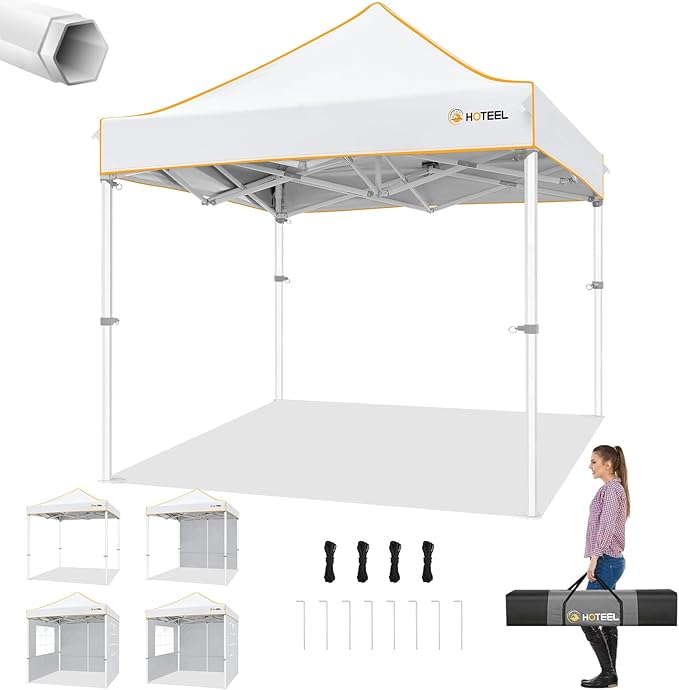 Hoteel 6.6 x 6.6 Pop up Canopy,Easy Up Heavy Duty Canopy with 4 Sidewalls,Upgrade Hexagonal Tube UPF50+ 1500mm Waterproof,Outdoor Canopy Tent with Carry Bag for Commercial Events,Beach,Camping,White