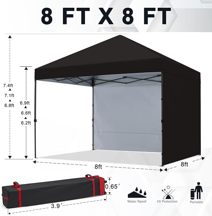 COOSHADE Pop Up Canopy Tent 8x8 with 2 Sidewalls, Outdoor Shade Instant Canopy Tents(Black)