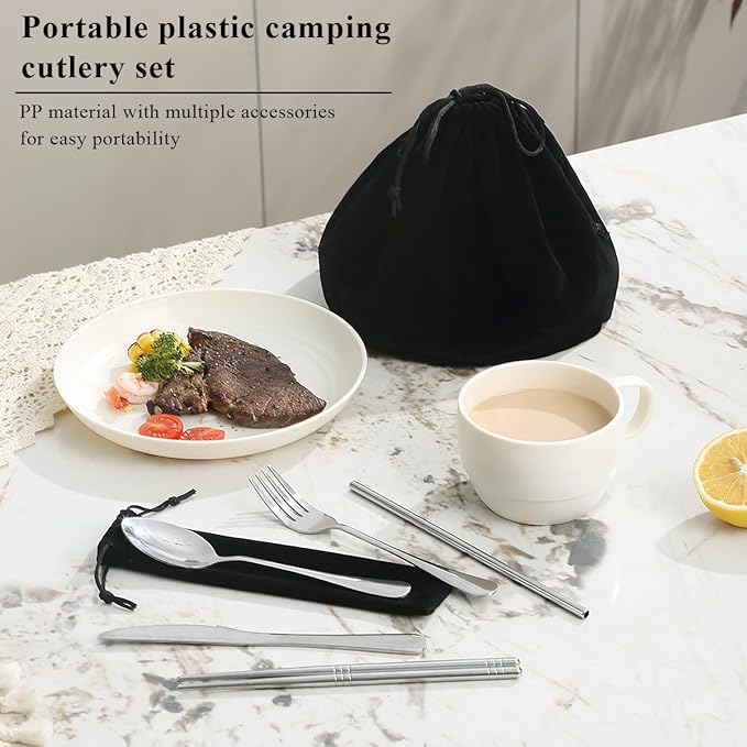 Camping Essentials Set, HOMQUEN Camping Plates and Bowls Set, Coffee Mug, Travel Cutlery Set Include Spoon, Fork, Knife for Work, Outdoor,Picnic, Camp (White)