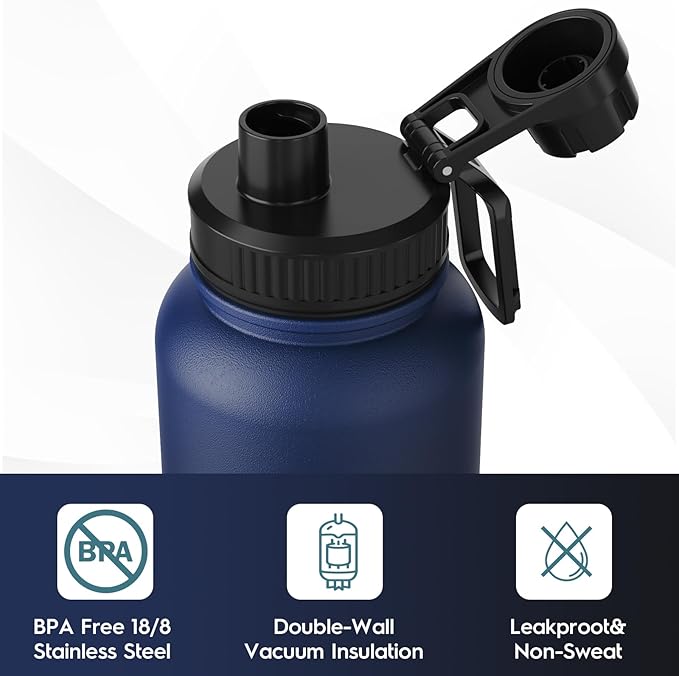 Navigate 32 oz Stainless Steel Insulated Water Bottle,Double Walled Leak Proof Keep Cold for 24 Hrs Hot for 12 Hrs,Wide Mouth Water Jug with Spout & Handle Lids,Blue to Black