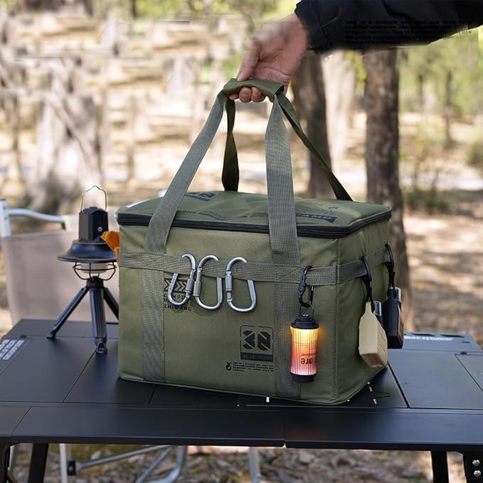 Tactical Camping Storage Bag,30L Tactical Utility Tote Bag Camping Cookware Organizer Trunk Organizer, Military Green, Heavy-Duty Canvas, 380x300x260mm