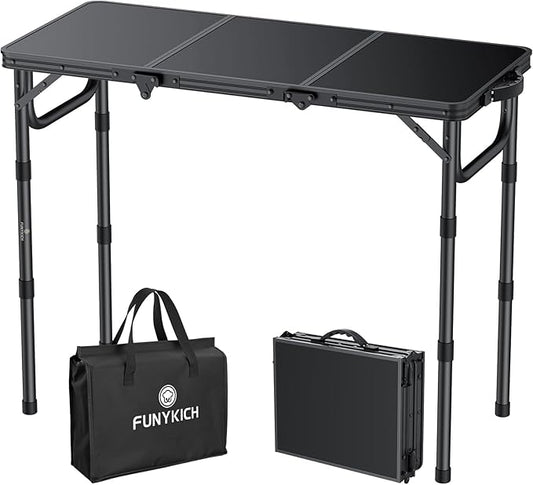 FUNYKICH 3ft Camping Folding Table with 3 Adjustable Height, Portable Small Folding Tables 34.2'' Lx15.7'' W, Lightweight Aluminum Beach Table with Carry Handle for Camping, Backyard Party, Picnic