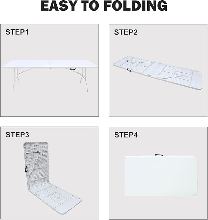 Portable Plastic Folding Table 4ft/6ft/8ft Heavy Duty White Black Picnic Dining Table Fold-in-Half for Camp Party Kitchen Indoor Outdoor