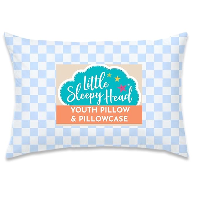 Little Sleepy Head Youth Pillow with Pillowcase 16x22, Jumbo Toddler Pillow, Hypoallergenic Pillowcase - Best Kids Pillows for Sleeping, Perfect Kids Travel Pillow (Checkers Baby Blue)