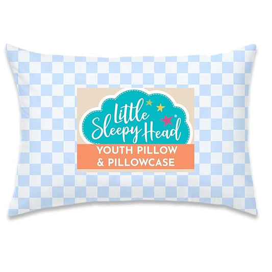 Little Sleepy Head Youth Pillow with Pillowcase 16x22, Jumbo Toddler Pillow, Hypoallergenic Pillowcase - Best Kids Pillows for Sleeping, Perfect Kids Travel Pillow (Checkers Baby Blue)