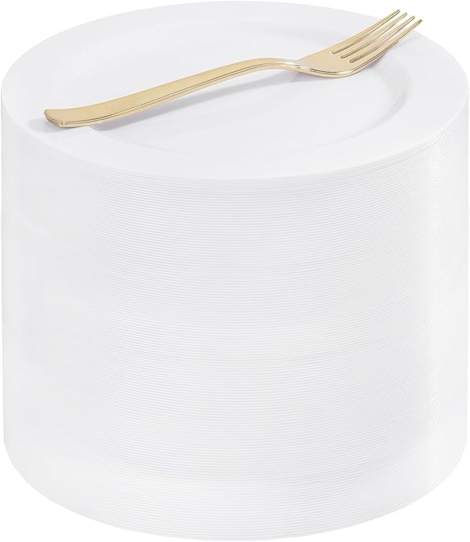 WELLIFE 100PCS White Plastic Dessert Plates and 100PCS Gold Disposable Forks, Premium Hard Dessert Plate 7.5”, Appetizer Plastic Plates for Party and Wedding