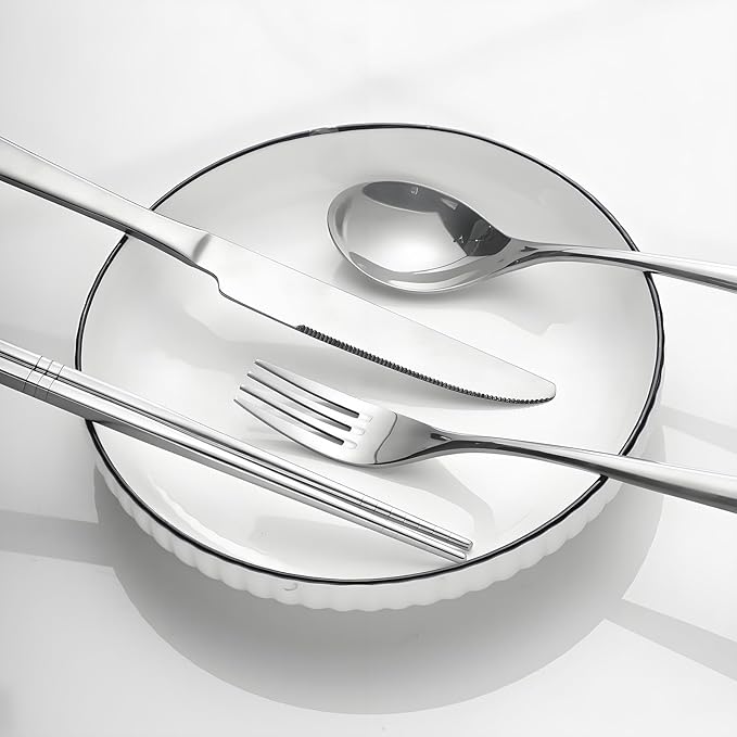 titanium tableware set, travel tableware with box, including titanium fork, knife, chopsticks and spoon, packed in a suitcase, portable design, suitable for school, work, picnic, camping use