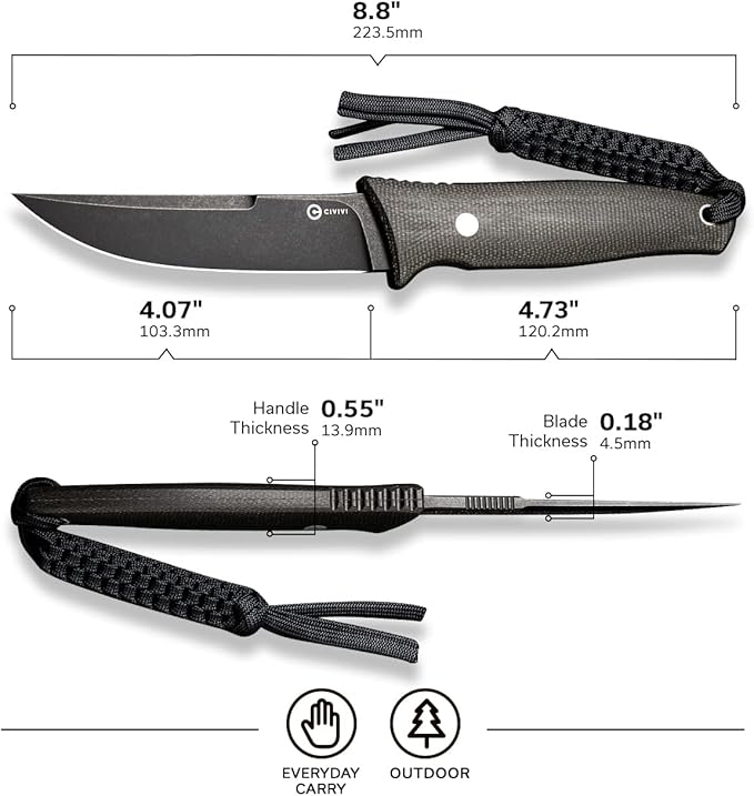 CIVIVI Tamashii Fixed Blade Knife with 4.07’’ D2 Blade Micarta Handle, Kydex Sheath, T-clip for EDC Outdoor Carry C19046-4