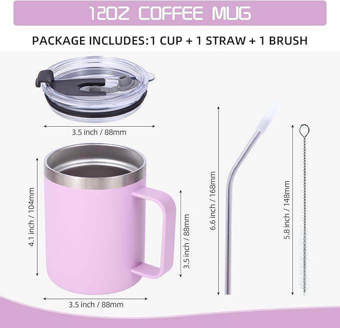 Volhoply 12oz Insulated Leakproof Coffee Mug with Flip & Straw Lid,Double Wall Vacuum Stainless Steel Travel Cafe Tumbler Cup with Handle,Reusable Camping Mugs Keep Cold/Hot(Purple,1 Set)