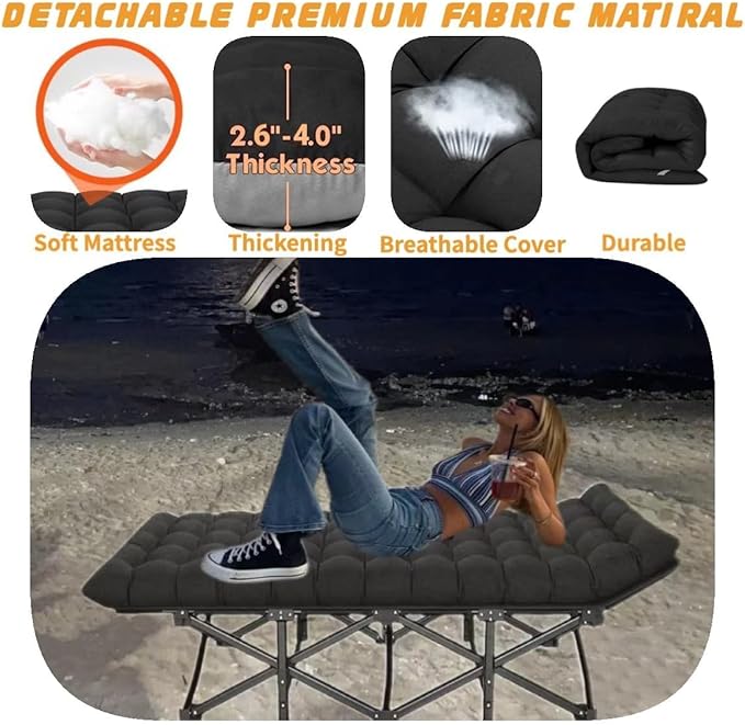 Oversized XXL Camping Cot, Folding Cot Camping Cots for Adults Portable Folding Outdoor Bed with Mat and Carry Bag, Heavy Duty Sleeping Cots for Outdoor Travel Camp Beach Vacation (Black)