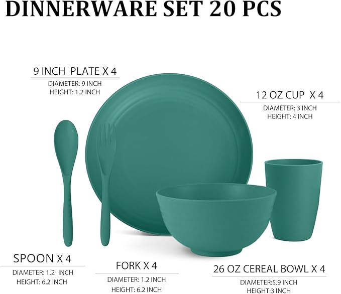 Wheat Straw Dinnerware Sets for 4, Unbreakable & Lightweight Plates and Bowls Sets, Travel Camping Cutlery Set, Dishwasher Microwave Safe 20-Piece Dinnerware - Dark Green