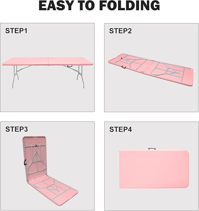 Portable Plastic Folding Table 4ft/6ft/8ft Heavy Duty White Black Picnic Dining Table Fold-in-Half for Camp Party Kitchen Indoor Outdoor (Pink, 8FT)