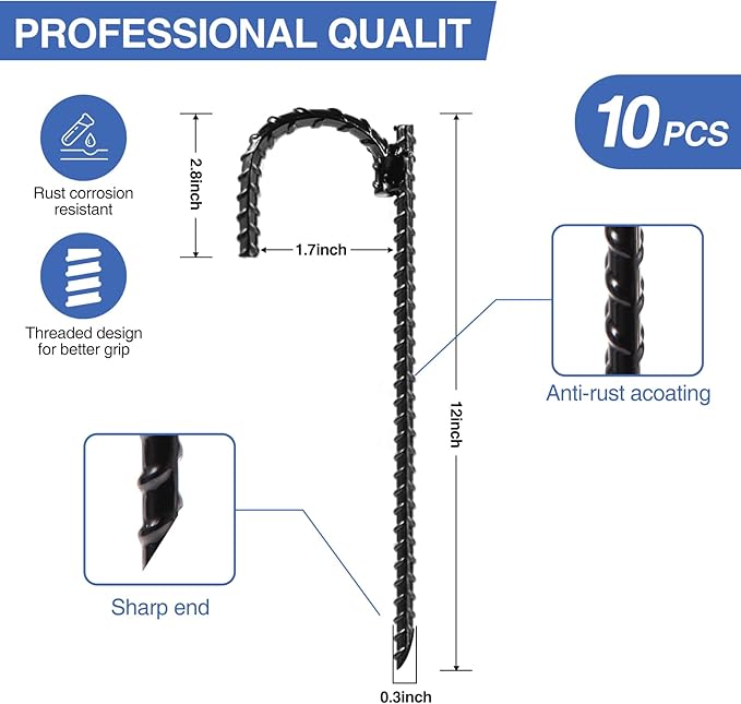 10pcs Threaded Steel bar Stakes/Ground Stakes/Outdoor Fence Ground Stakes.New J Hook Heavy-Duty rebar Metal Stakes ,Proof Coated Steel Ground Stakes with Chisel Point End.