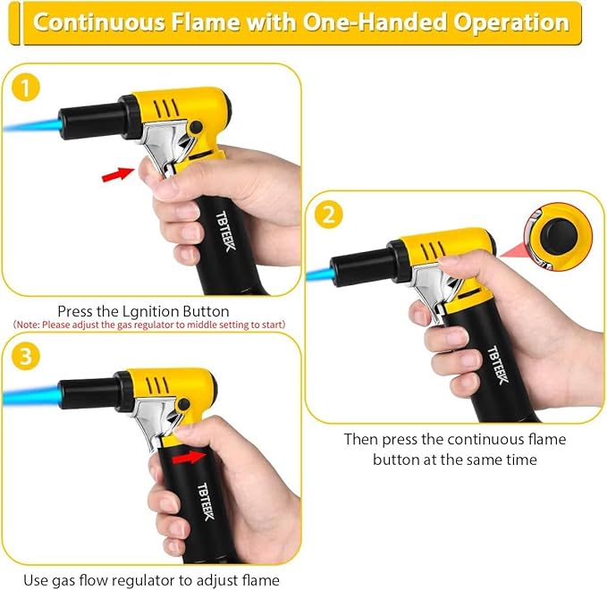 TBTeek Butane Torch with Fuel Gauge T907, One-hand Operation Kitchen Torch Lighter with Adjustable Flame for BBQ, Baking, Brulee Creme, Crafts and Soldering, 2 Pack(Butane Not Included)
