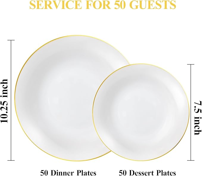 100PCS White Plastic Plates with Gold Rim, White Gold Disposable Plates for Party, Wedding, Include 50 Dinner Plates, 50 Dessert Plates for 50 Guests
