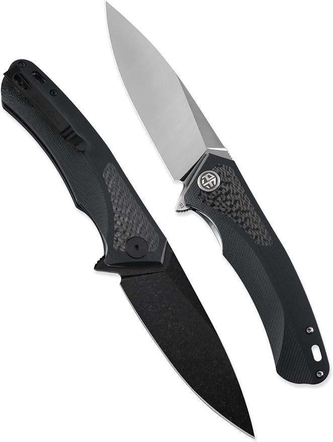 Petrified fish PF838,3.74" Black Stonewashed D2 Blade,166.6g Carbon fiber & G10 Handle Flipper Folding Knife