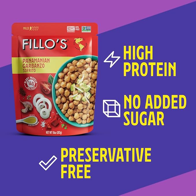 Fillo's Panamanian Garbanzo Beans, Ready to Eat Beans, 10 oz Pk of 6, Gluten-Free, Preservative-Free, Microwavable Meals, Non-GMO, Vegan, Plant Protein