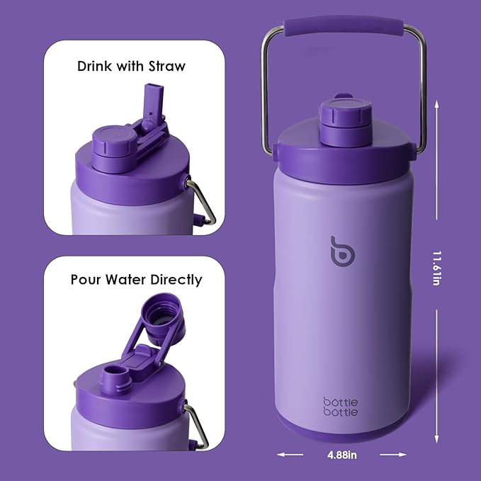 BOTTLE BOTTLE Insulated Water Bottle 64 oz with Straw and Dual-use Lid Half Gallon Water Jug Vacuum Stainless Steel for Workout Sports Insulated Beer Growler with Handle and Pills Holder Purple