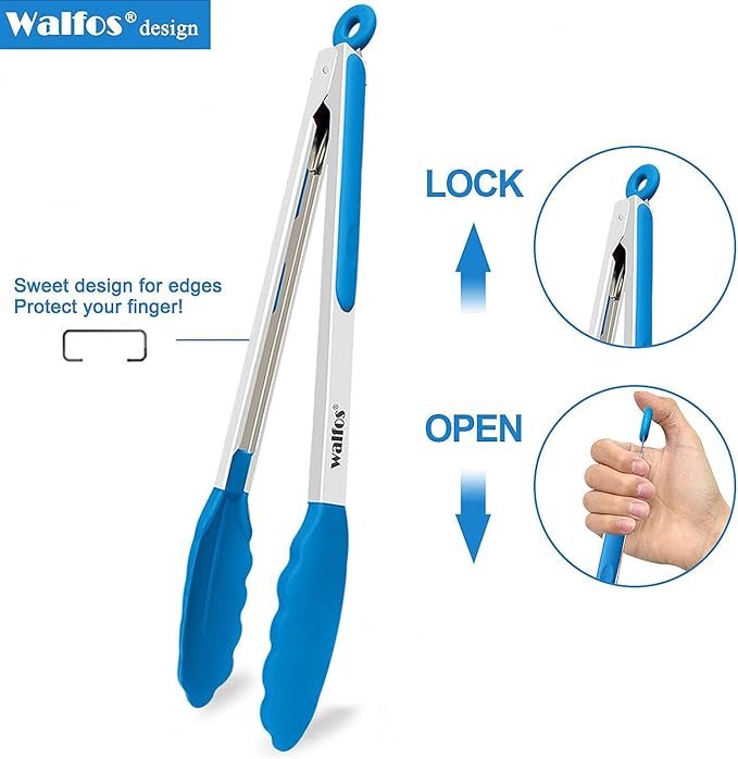 Walfos Kitchen Tongs - 7" 9" and 12" Heat Resistant Food tongs, Thickened Stainless Steel and BPA Free Silicone Tips, Great for Cooking, Grilling, Turning, Dishwasher safe(3 blue silicone tongs)