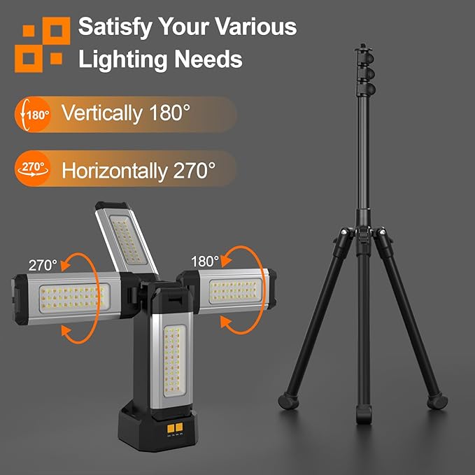 Upgraded Aluminum13200mAh Rechargeable Work Light with Folding Stand and Carrying Bag, 8000 Lumen Cordless Camping Light, White/Warm/Nature White with Detachable Tripod (Remote)