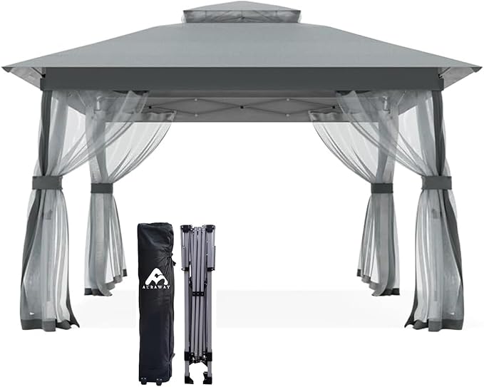 Auraway Instant Pop-Up Gazebo with Mosquito Net and Waterproof Double Roof - for Camping, Beach, Backyard; Easy Setup; Sun Shade with UV Protection (Grey, 10 * 10)
