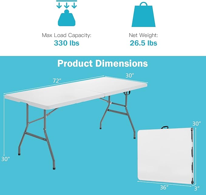 GYMAX 6FT Folding Tables, Portable Lightweight Camping Table with Carry Handle, Easy Fold Up Indoor/Outdoor Collapsible Table for Camp, Picnic, Patio (Basic White No Umbrella Hole)