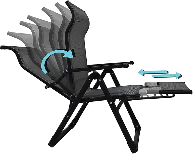 Caravan Sports Ergo+ Patio Folding Chair, Gray with Flip Out Footrest, 300 LBS Weight Capacity, 7 Recline Positions