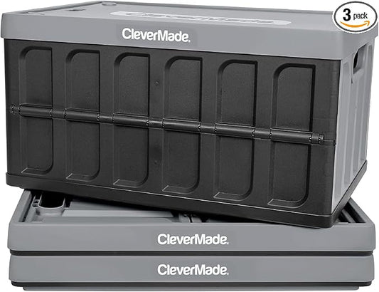 CleverMade Collapsible Storage Bins with Lids - Stone 3 Pack 46L - Plastic Containers Stackable Organization Crates Home Closet Space-Saving Durable