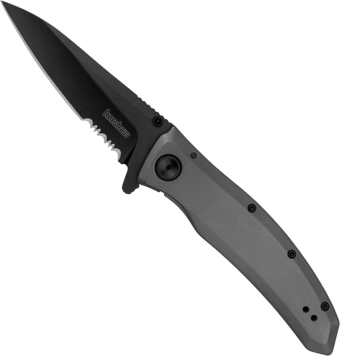 Kershaw Grid Folding Pocket Knife, 3.7 inch Black Serrated Blade, Steel Handle, Pocketclip & 3-Inch Blue Pocketknife with SpeedSafe Opening and Deep Carry Pocketclip
