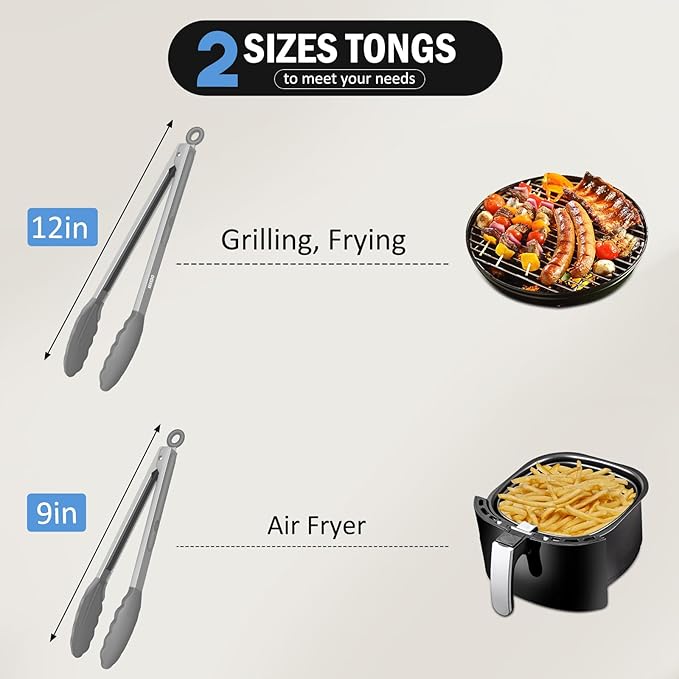 Kitchen Tongs, Stainless Steel Silicone Tongs for Cooking 600ºF High Heat-Resistant BBQ Grilling Locking Tongs, Set of 2-9" and 12" Light Grey