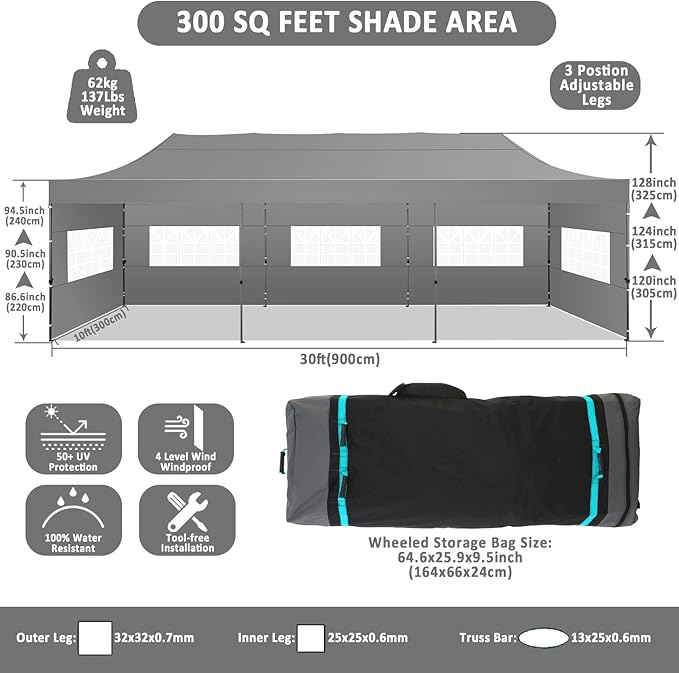 COBIZI 10x30 Pop Up Canopy with 8 Sidewall,Heavy Duty UPF 50+ All Season Wind Waterproof Commercial Outdoor Wedding Party Tents for Parties Canopy Gazebo with Roller Bag(10 x 30 ft Gray)