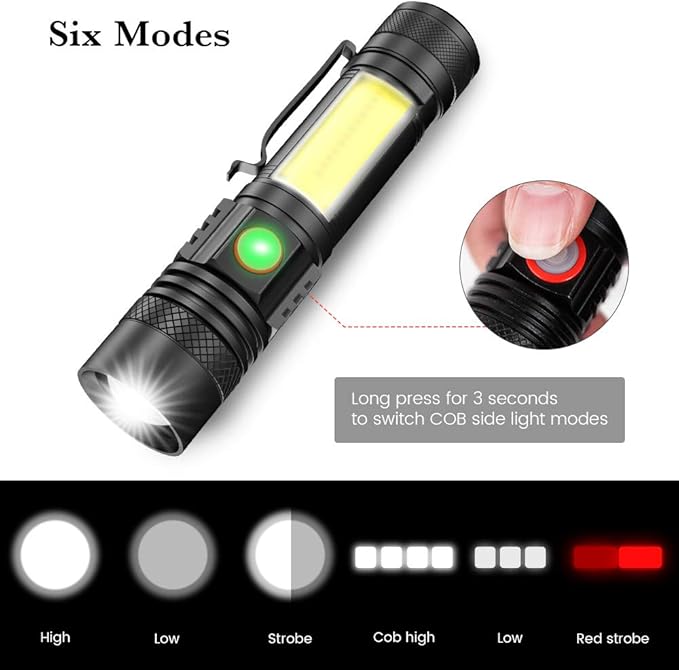 Rechargeable Flashlight, Magnetic LED Flashlight 【Battery Not Included】with COB Work Light, Pocket Tactical Flashlights with 6 Modes,1000 Lumens Super Bright,Waterproof,Zoomable,for Camping,Emergency