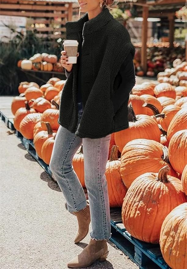 Hongqizo Womens Fuzzy Fleece Vest Casual Oversized Warm Button Down Sherpa Vest Jacket with Pockets