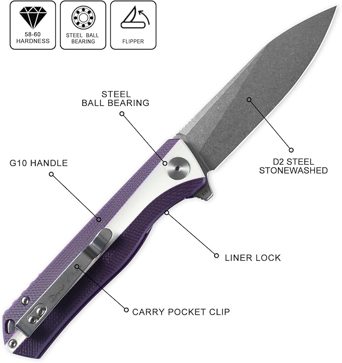 Petrified fish PF818,3.54" D2 Blade,104g G10 Handle Flipper Folding knife (Stonewash, White and Purple)