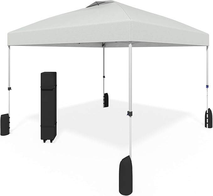10x10 Pop Up Canopy - Instant Setup Beach Tent with Wheeled Carry Bag, 8 Sandbags & 4 Guy Lines - Portable Sun Shade for Camping, Events, Silver Coated Top, White