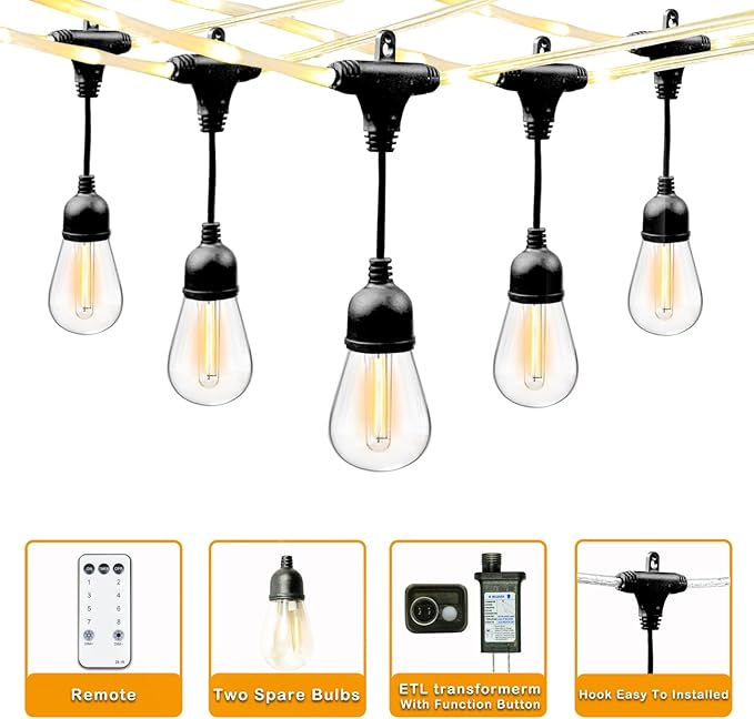 LED Outdoor Edison String Lights Waterproof with Remote 28.2FT, 12 Shatterproof Bulbs with Timer and IC Function, Patio & Backyard Lights, Dimmable Warm White 2700K, ETL Certified