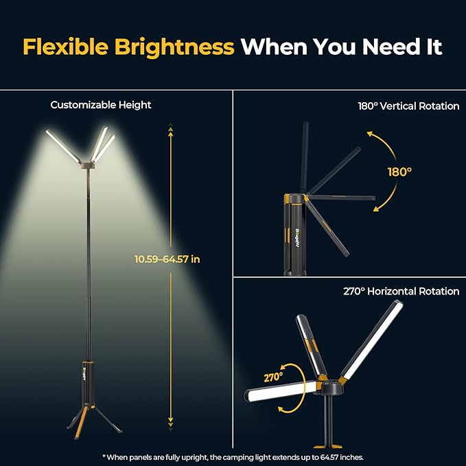 BougeRV Telescopic Camping Light, 15600mAh Collapsible Outdoor Light, Rotatable Electric Lantern, IP54 Waterproof Flashlight, Cordless Camping Tent Lamp for Emergency, Camping, Hiking(Black)