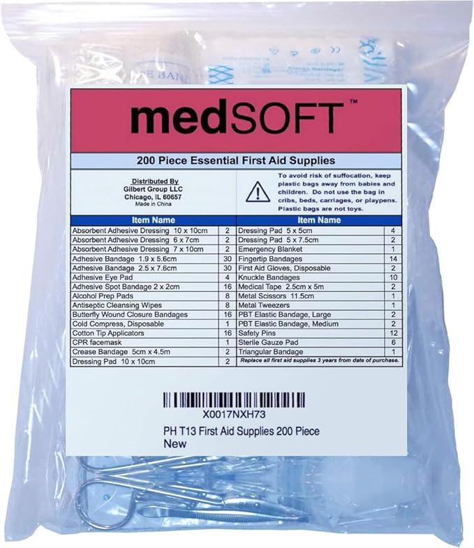 First Aid Kit Refill - 200 Piece - Extra Replacement Supplies for First Aid Kits, Loose Packed Restock Supply Pack