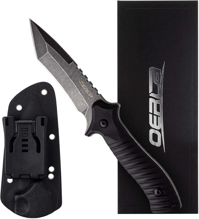 OERLA OLK-D47 Tactical Survival Knife with Kydex Sheath, D2 High Carbon Steel Fixed Blade Outdoor Knife, G10 Handle, EDC Tactical Belt Clip