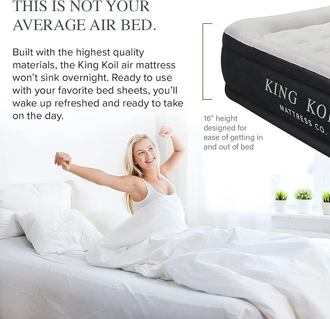 King Koil Luxury Pillow Top Plush Queen Air Mattress with High-Speed Built-in Pump, Blow Up Bed Top Side Flocking, Puncture Resistant, 16" Double High Inflatable Airbed Guests & Travel 1-Year Warranty