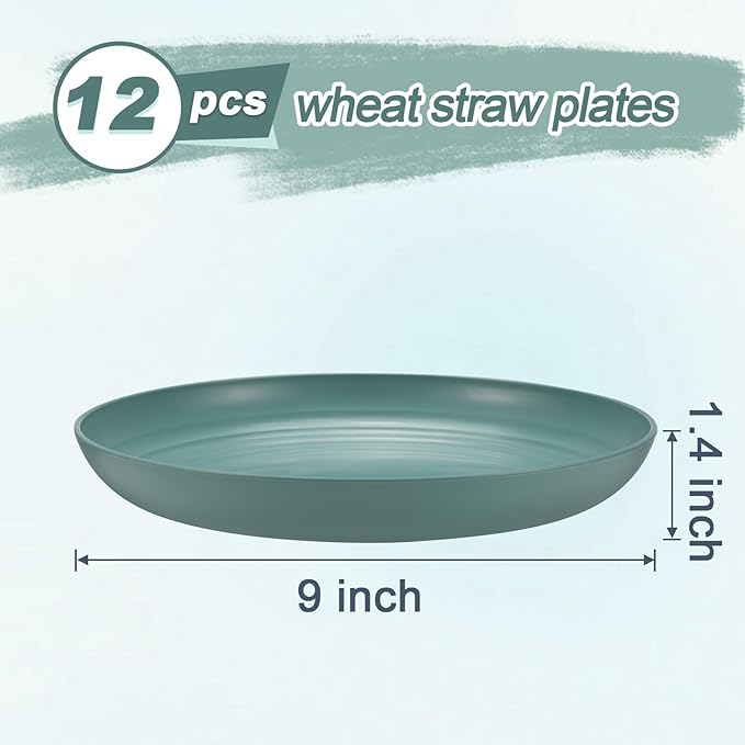 12 Pcs Unbreakable Deep Dinner Plates Set, 9 inch Reusable Plastic Wheat Straw Plates, Microwave and Dishwasher Safe Plate for Kitchen, Lightweight Plate for Dessert, BPA Free, 4 Colors