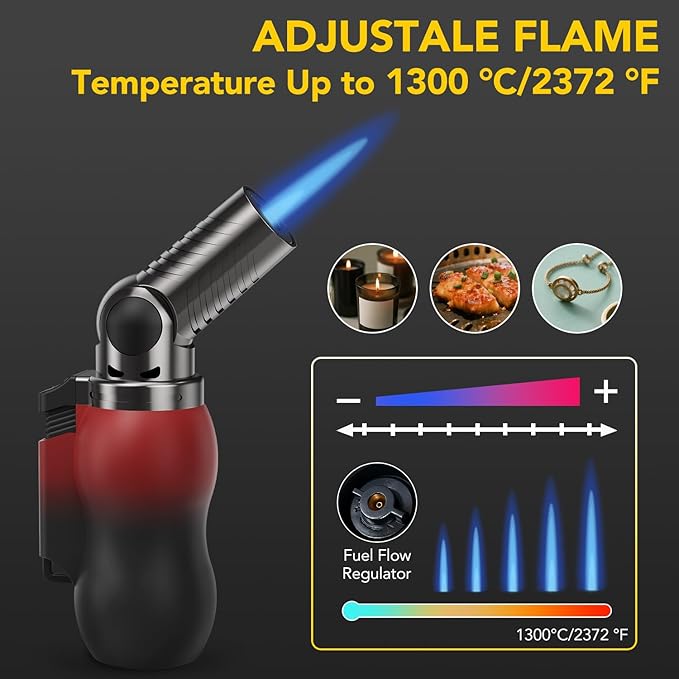 TBTeek Torch Lighter, Portable Kitchen Torch with 45° Rotatable Head and Adjustable Flame, Refillable Butane Torch Lighter for Soldering, Cooking, BBQ, Fireplaces, Red-Black (Gas Not Included)