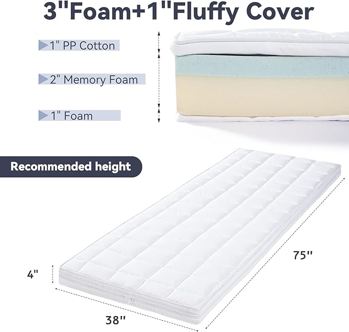 4Inch Cot Mattress Topper, Quilted Soft Portable Pads for Camping with Washable Cover, Memory Foam Sleeping Pads Only, Roll Up Floors Mat, 75"x38", Beige