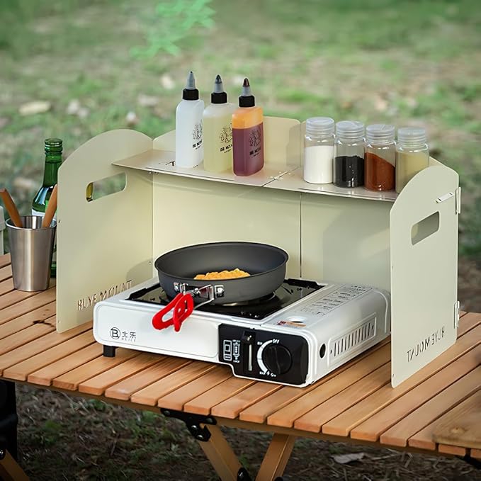 Outdoor Wind Deflector,Cassette Stove Folding Wind Deflector, Steel Windproof Hood for Stove, Gas Stove Wind Deflector, Camping Thickened Stove Ring, Portable 4 Plates Wind Blocker (Khaki)