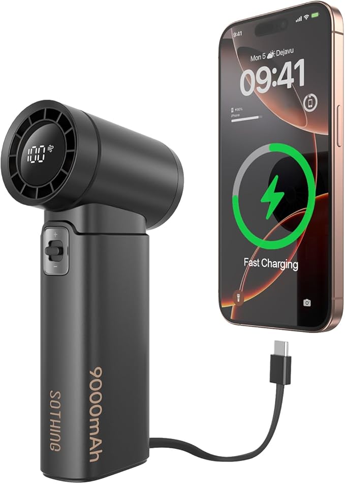 Handheld Fan - Portable Fan with Charger Power Bank, 9000mAh Rechargeable 18W Fast Charging, Type-C Input, 50000RPM High Speed Turbo Airflow for Travel Concerts Cruise Makeup, Black