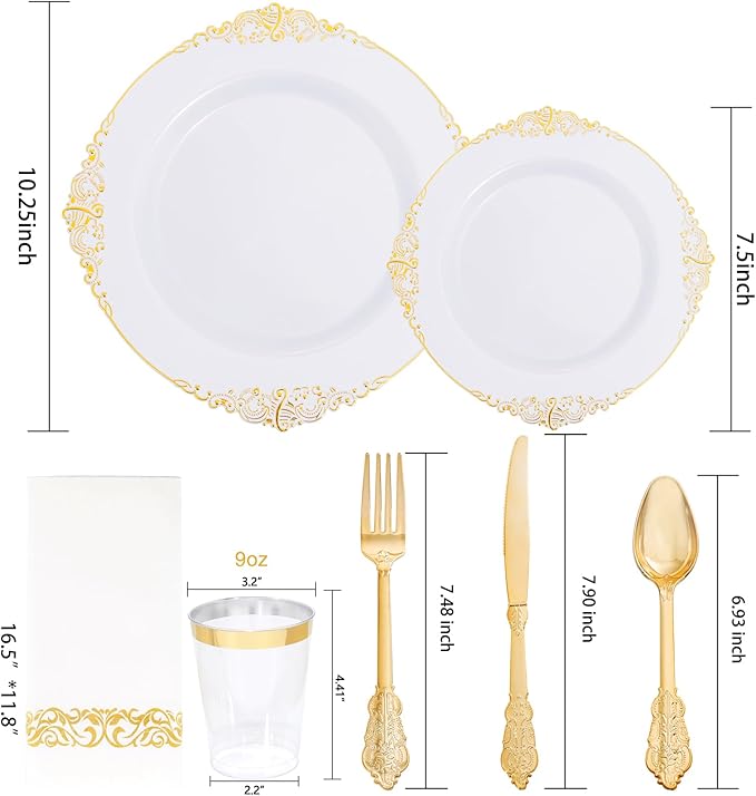 Nervure 350PCS Gold Plastic Dinnerware - White and Gold Disposable Plates for 50 Guests - 100 White Disposable Plates, 150 Plastic Silverware, 50 Cups, 50 Napkins for Wedding & Party & Thanksgiving